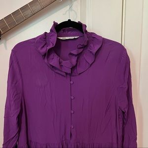 Zara XL Purple Maxi Dress with ruffle neck and buttons